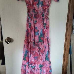 Pink Floral Maxi Dress with Smocked Waist